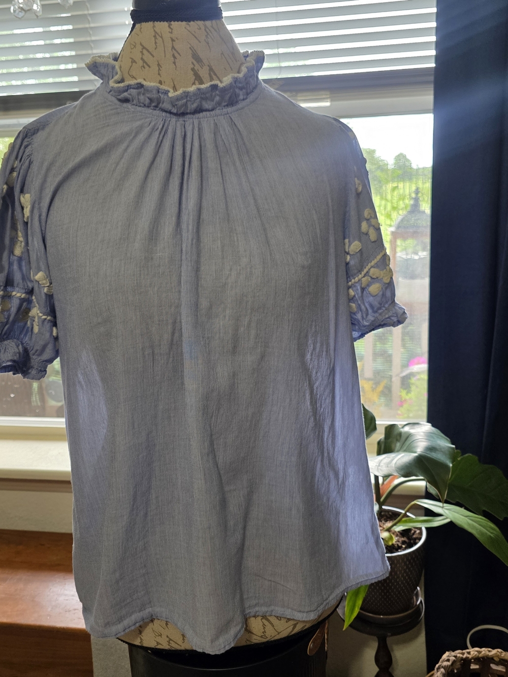 THML Light Blue Ruffled Mock Neck Embroidered Sleeve Blouse - Picture 3 of 10